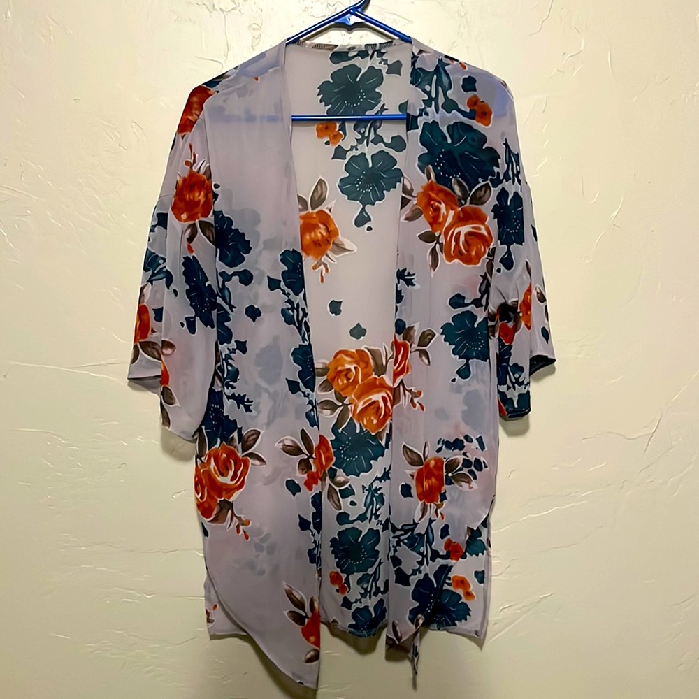 Orange and Green Floral Kimono Cover-up